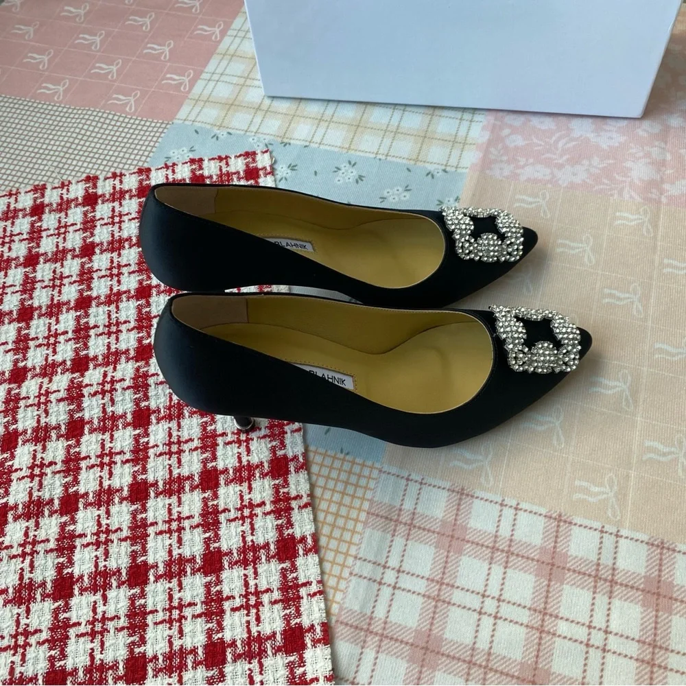 Manolo Blahnik Black Embellished Satin Pointed Toe Flats